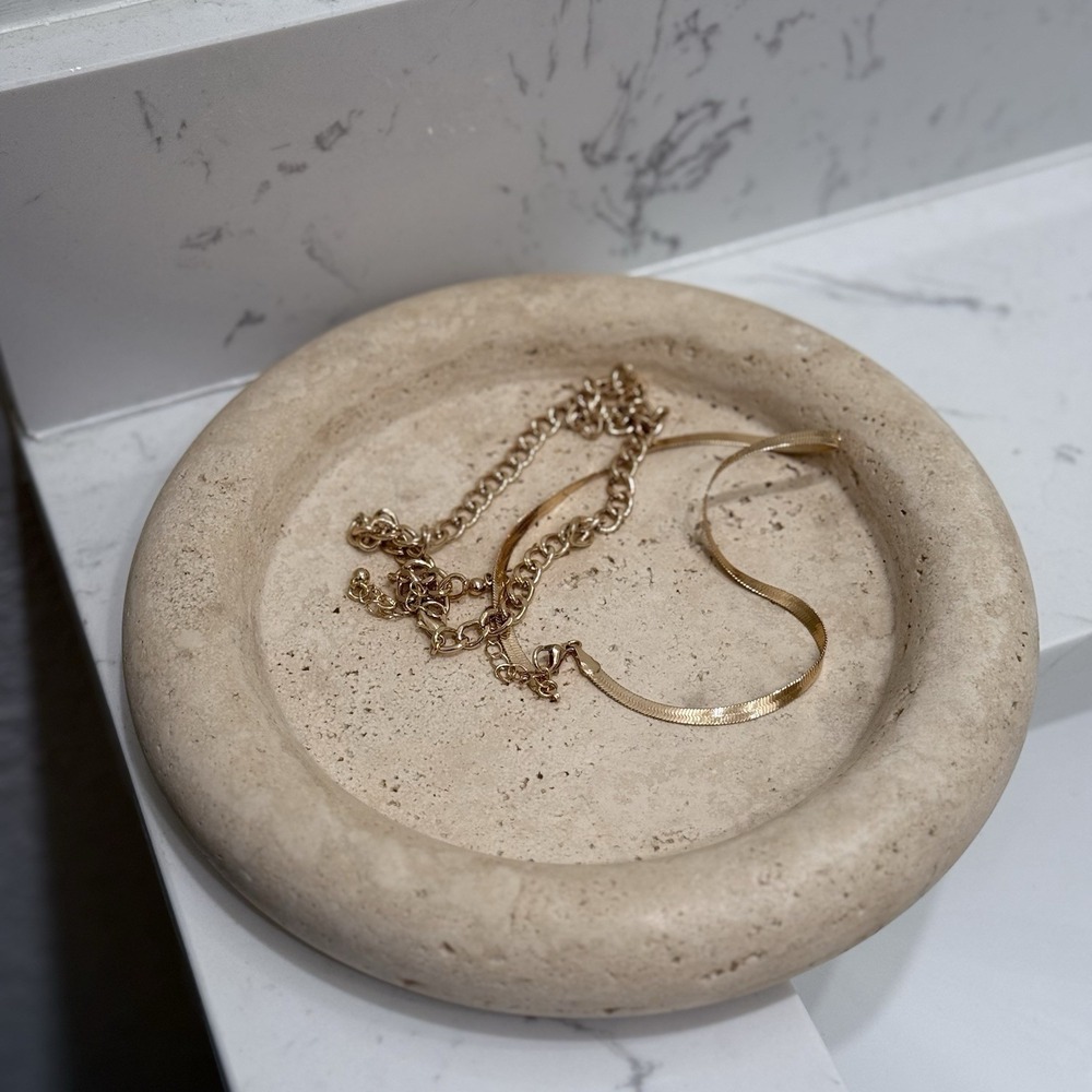 Neutral Marble Travertine Round Vanity Tray Jewelry Makeup Dish Decorative Beige
